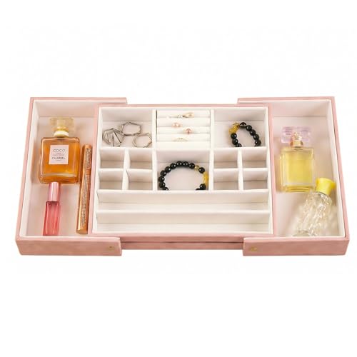 Jewelry Organizer for Drawer, Retractable Jewelry Drawer Organizer Inserts, Leather Storage Display Case Storage Containers Box in Dresser