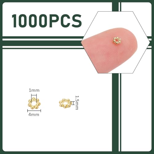 UNICRAFTALE 1000Pcs Spacer Beads Golden Flower Beads 4mm Metal Connector Beads Loose Beads Small Beads for DIY Bracelet Necklace Jewelry Making 1mm Hole - color: Golden