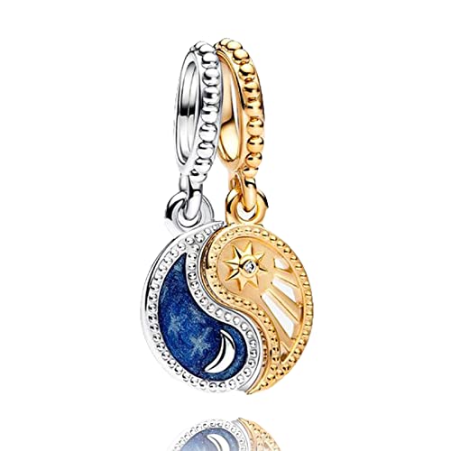 925 Silver Charms Pendants For Pandora Bracelet Golden charms Bead Safety Chain Clip set Heart Flower Animal Beads Family, Mom, Friend, Daughter, Birthday, Jewelry Gift - style: B-Two-Tone Splittable Sun and Moon