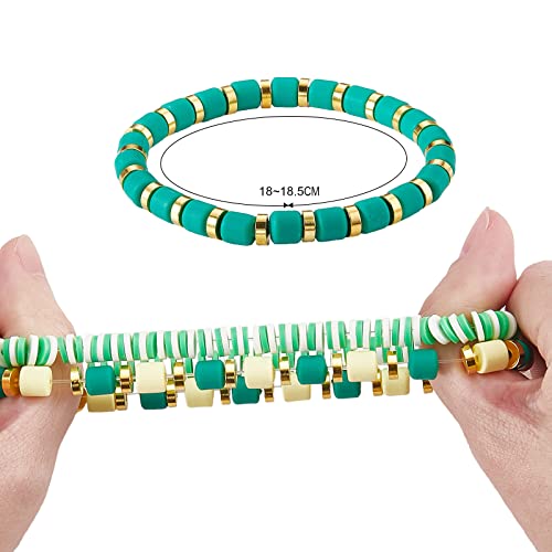 Ornaland 7Pcs Handmade Polymer Clay Heishi Surfer Stretch Bracelets Set Colorful Glass Beads Bracelets Boho Stackable Preppy Bracelets Wrist Jewelry for Women - color: Grass green