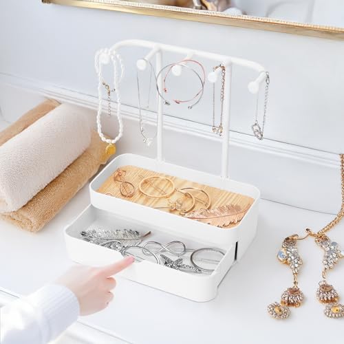 WCHOSOZH Jewelry Organizer Stand, 2-Tier Necklaces Holder with Wooden Tray and 5 Storage Hooks, Earring Holder with 5 Pcs Jewelry Bags for Bracelet,Chains,Rings,Earrings,Keys Watches (White) - color: Upgraded White