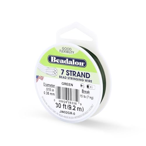 Beadalon 7 Strand Stainless Steel Bead Stringing Wire, 0.015 in / 0.38 mm, Green, 30 ft / 9.2 m - color: Green, style: .015 in / 0.38 mm , 30 ft / 9.2 m