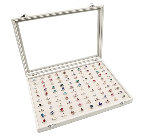 Stratalife Jewelry Organizer Ring Storage Display Tray with Clear Glass Lid Velvet Jewelry Showcase Ring Box for Multiple Rings Drawer Display 100 Slot (Beige) - color: Beige, size: 100 Slots Ring