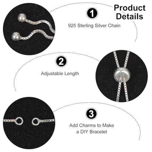 Beebeecraft 1 Box 2Pcs Adjustable Slider Bracelet Chain Sterling Silver Italian Ball Bead Box Thin Chain Link Necklace Making for DIY Craft Jewelry, 2.36in
