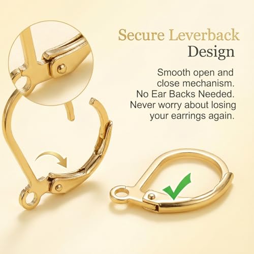 60PCS Gold Leverback Earring Hooks, Stainless Steel Open Loop Leverback Hoops, Leverbacks French Earring Hooks for Making Dangle Earrings, Smooth to Open & Close (Gold) - color: Gold