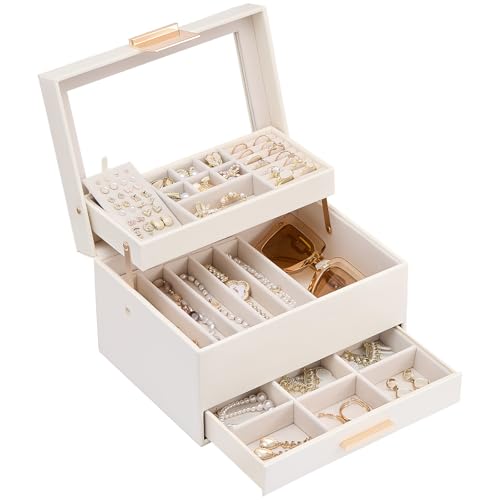Lolalet Jewelry Box, Clear Window Jewelry Organizer with Drawer for Earrings Bracelets Necklaces Rings, Jewelry Storage for Women -White, 3 Layers - color: White, size: 3 Layers