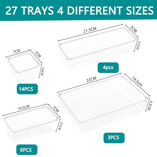 Clear Drawer Organizer Set, 4 Sizes Desk Drawer Divider Organizers Storage Bins for Bathroom,Kitchen,Office,Vanity Organizers Tray for Jewelry (27PACK) - size: 27PACK