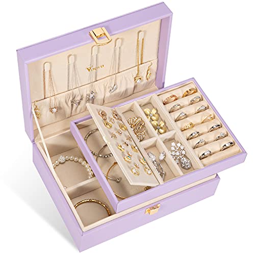 Voova Jewelry Box Organizer for Women Girls, 2 Layer Large Men Jewelry Storage Case, PU Leather Display Jewellery Holder with Removable Tray for Necklace Earrings Rings Bracelets,Vintage Gift,Lavender - color: Lavender