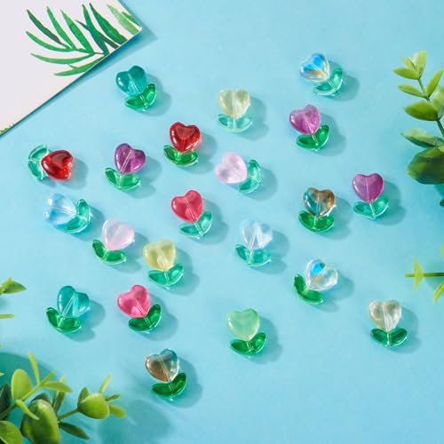 Glass Leaf Beads Crystal Glass Leaf Charms Transparent Leaves Pendants Tiny Green Leaf Bead Caps for Christmas Earring Bracelet Jewelry Making DIY Keychain Craft - color: Tulip & Heart