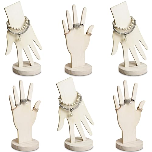 MOOCA 6 Pcs Real Wooden Hand Form Jewelry Display Set, 2 Way Design for Wall Hanging or Standalone Mannequin Finger Hand Display, Premium Real Wood Sturdy Base, Wash White Color - color: Wash White