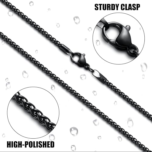 Fiusem Black Wheat Chains for Men and Women, 2/2.5/3/4/5mm Stainless Steel Necklace Chain, Mens Necklace Jewelry Gift 16-28 Inch - size: 18 Inches, style: Black 2MM