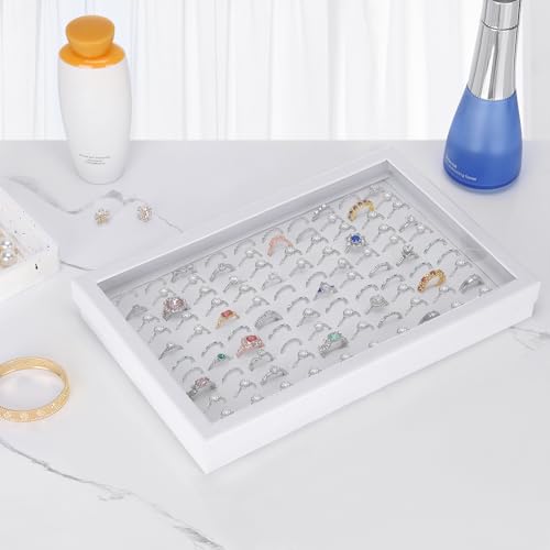 KUKUVR 100 Slots Ring Earring Holder Display Case, Velvet Jewelry Ring Earring Storage Organizer Box Tray with Clear Lid for Women And Selling Show (White) - color: White
