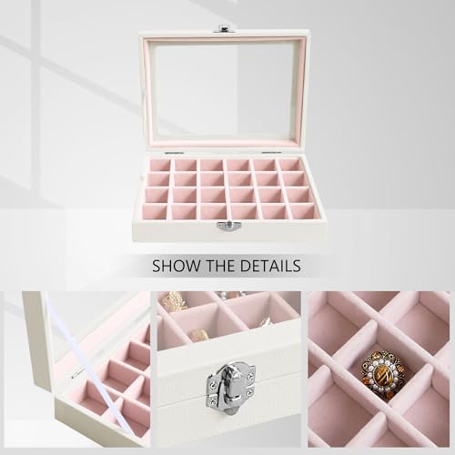 Wudygirl Small Jewelry Organizer 24 Grid Jewelry Box with Clear Lid Velvet Ring Holder Earring Organizer Jewelry Tray for Drawer Jewelry Display Case for Women Gift (Pink) - style: White Pink 24 Grid