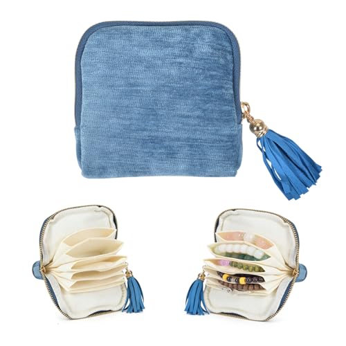 Travel Jewelry Case Small with Tassel Zipper, Soft Velvet Travel Jewelry Organizer Pouch for Necklaces, Rings and Earrings, Portable Multi Layer Jewelry Bags, Anti Tangle Storage - color: light ice blue