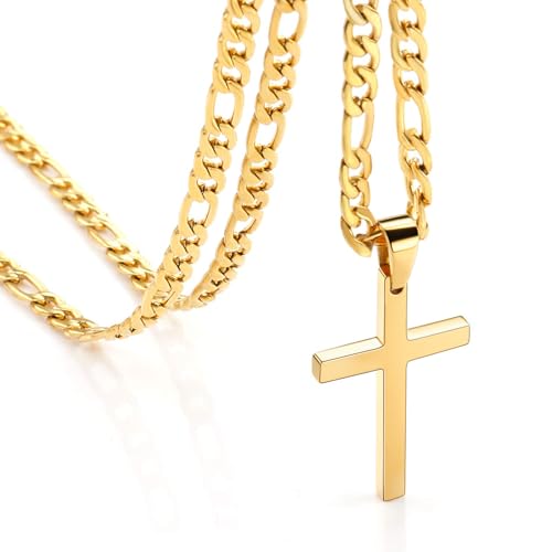CaptainSteeL Cross Necklace for Men - Stainless Steel Silver/Gold Plain Cross Pendant Necklace Simple Jewelry Gifts, 20/22/24/26 Inches 3:1 Figaro Link Chain 4/5/6mm Width - size: 26inch, style: 6mm GOLD