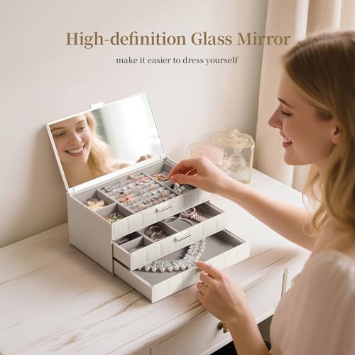 LAMU Jewelry Box Organizer with Mirror, 3-Layer Jewelry organizer with 2 Drawers, Large PU Leather Organizer for Earrings Rings Necklace Bracelet, Ideal Valentines Day Gifts for Girls Women, White