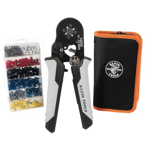 Klein Tools 34060 Ferrule Crimping Tool Set with Ratcheting Square Crimper Pliers, 1200 Wire Terminals (10-22 AWG), and Soft Carrying Case for Electrical Applications - size: Crimper w/ Terminals