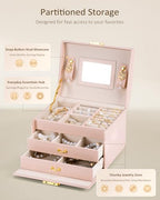 Jewelry Box for Girls Women, 3-Layer Jewelry Organizer with Mirror and Portable Handle, Small Jewellery Organizers for Young Women, Teenage Girl, 17.2 x 13.5 x 12.5 cm Pink
