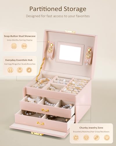 Jewelry Box for Girls Women, 3-Layer Jewelry Organizer with Mirror and Portable Handle, Small Jewellery Organizers for Young Women, Teenage Girl, 17.2 x 13.5 x 12.5 cm Pink