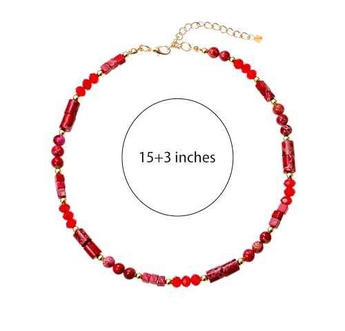 Elisheva Natural Stone Choker Necklace for Women, Boho Natural Emperor Jasper Stone Lace Agate Beaded Crystal Necklace, Gemstone Jewelry Gift for Her - style: red emperor stone choker
