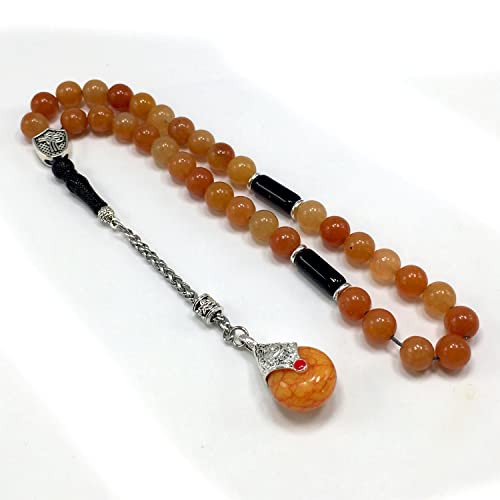 Simple Designed Natural Stone Worry Beads - Prayer Beads Tesbih-Tasbih-Tasbeeh-Misbaha-Subha-Sebha-Sibha-Rosary (Orange Aventurine Natural Stone -8 mm 33- Beads/Drop Tassel) - color: Orange Aventurine Natural Stone -8 mm 33- Beads / Drop Tassel