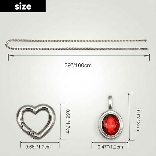 Heart Slip Chain Necklace for Women, 39 Inch Cuban Chain, Removable Heart O-Ring, Crystal Pendant, Adjustable Stainless Steel Y-Necklace - color: Silver-Red