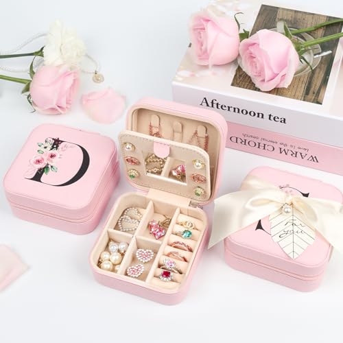 AYGXU Travel Jewelry Box for Women and Girls - Small Case With Initial A-Z - Teacher Gifts - color: pink, size: B