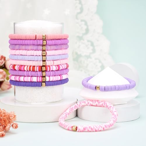 Friendship Bracelet Beaded Bracelet Heishi Surfer Bracelets Set Polymer Clay Heishi Beads Stretch Bracelets Preppy Bohemian Summer Beach Bracelets for Women - color: Purple