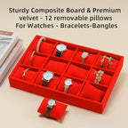 Jewelry Watch Tray, Red Velvet Watch Jewelry Organizer 12 Grid, Stackable Watch Bracelet Bangle Display Holder, Adjustable Pillows, for Man Woman Show Birthday - color: Red