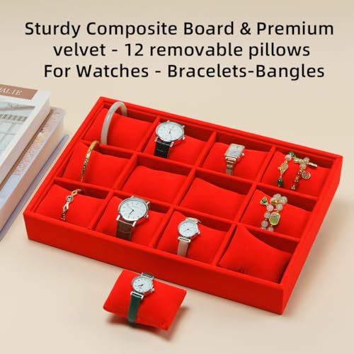 Jewelry Watch Tray, Red Velvet Watch Jewelry Organizer 12 Grid, Stackable Watch Bracelet Bangle Display Holder, Adjustable Pillows, for Man Woman Show Birthday - color: Red