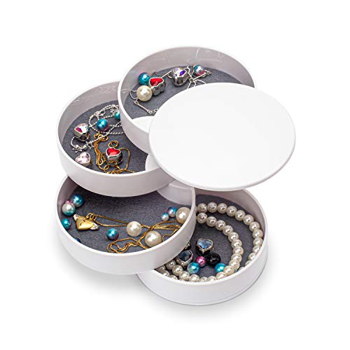 Jewelry Organizer, Small Jewelry Box Earring Holder for Women Gifts for Mom, Jewelry Storage Box 4-Layer Rotatable Jewelry Accessory Storage Tray with Lid for Rings Bracelets - color: White