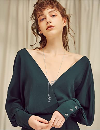 Long Necklace Sterling Silver Larait Bar Y Lariat Long Chain Drop Adjustable Necklace Gift for Her, 30" - style: Long Olive Leaf Necklace