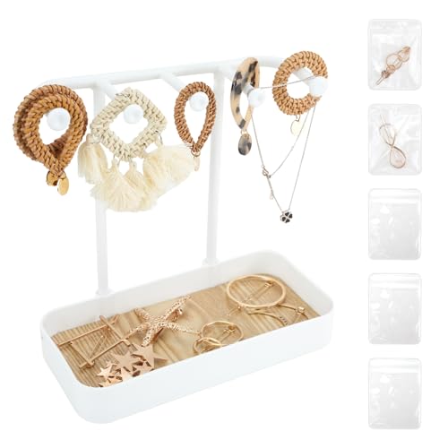 WCHOSOZH Jewelry Organizer Stand, Necklace Holder with Wooden Tray 5 Storage Hooks, Earring Holder with 5 Pcs Jewelry Bags for Bracelet,Chains,Rings,Earrings,Keys Watches,Necklaces (White) - color: White