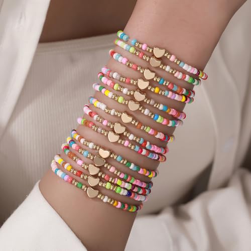 Friendship Bracelets Boho Stackable Bracelets for Women Surfer Heishi Clay Bead Bracelets Stretch Preppy Bracelets Colorful Boho Bracelets for Women - color: 14pc beaded heart