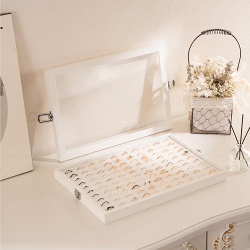 Lolalet Jewelry Organizer Tray with Lid, 100 Grids Velvet Ring Organizer Holder Storage Box for Drawer -Beige - style: Ring