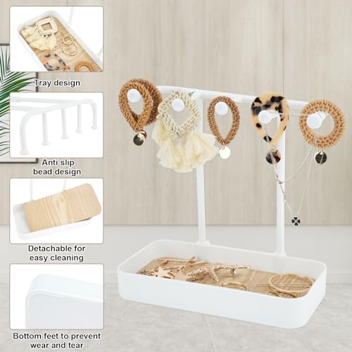 WCHOSOZH Jewelry Organizer Stand, Necklace Holder with Wooden Tray 5 Storage Hooks, Earring Holder with 5 Pcs Jewelry Bags for Bracelet,Chains,Rings,Earrings,Keys Watches,Necklaces (White) - color: White