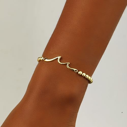 Mothers Day Gifts - Beaded Bracelets for Women 14K Silver Gold Plated Stretch Handmade Ball Bracelets Cute Charm Bracelet Dainty Stackable Cross Heart Bow Wave CZ Circle Trendy Jewelry Easter Gifts - color: wave