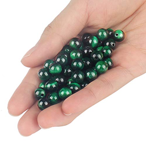 70PCS Natural 8MM Healing Gemstone, Green Tiger’s Eye Energy Stone Round Loose Beads, Semi-Precious Crystal Beads with Free Elastic String for Jewelry Making DIY - color: Green Tiger’s Eye, size: 8MM