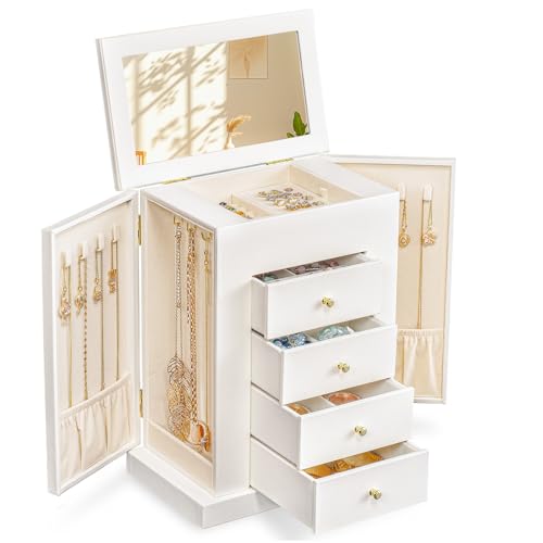 Emfogo Jewelry Boxes for Women, 5-Layer Large Leather Jewelry Organizer Box with Mirror and Drawers, Jewelry Storage for Necklaces Earrings Rings Bracelets (White) - color: White