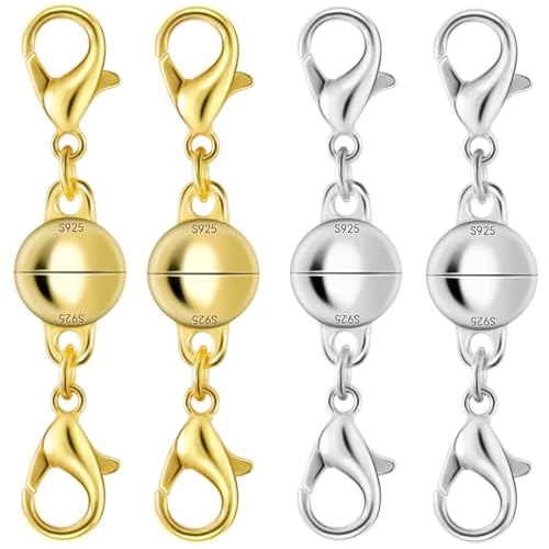 925 Silver Double Lobster Magnetic Necklace Clasps, Magnetic Necklace Clasps and Closures, Double Lobster Clasp Magnetic Jewelry Clasps for Necklaces (4pcs | Gold Silver) - color: 4pcs | gold silver