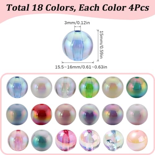 SUNNYCLUE 72Pcs Bubblegum Beads Bulk 16mm Round Beads Chunky Bead Colorful Transparent AB Color Iridescent Beadable Pen Beads Opaque Rainbow Bead Garland Loose Beads for Jewelry Making Beading Kits - color: 72pcs 16mm Bubblegum Beads