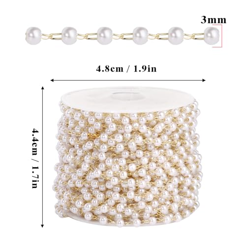 33 Feet Gold Pearl Beads Chains Roll, 3mm Faux Pearls Beaded Gold Plated Brass Cable Link Chain Spool Bulk for Jewelry Making DIY Craft - color: 3.0MM Gold Color