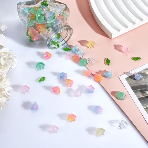NBEADS 240 Pcs Glass Bell Flower Beads Kits, Lily Flower Glass Beads Leaf Shape Acrylic Beads for DIY Jewelry Making Beading Projects Bracelets Necklaces Earrings, Hole: 1.4mm - color: Mixed Color