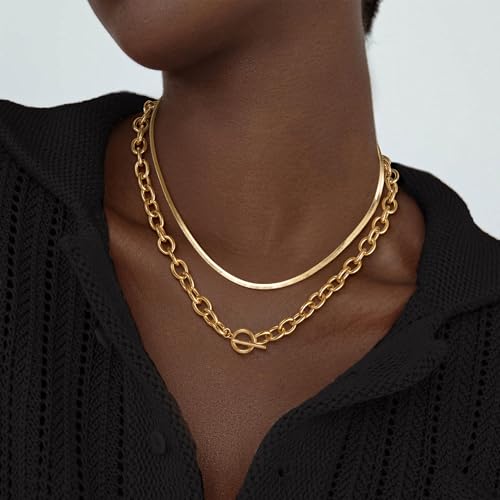 CHESKY 14K Gold Plated Chunky Necklace for Women, Trendy Paperclip Chain Necklace Thick Cross Heart Pendant Necklace Layered Herringbone Cuban Link Chain Toggle Necklaces Non Tarnish Jewelry - color: gold, style: paperclip+herringbone