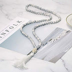 LIUANAN 108 Mala Beads 8mm Natural Bracelet Healing Gemstone Yoga Meditation Hand Knotted Mala Prayer Bead Necklace - color: White Natural Turquoise
