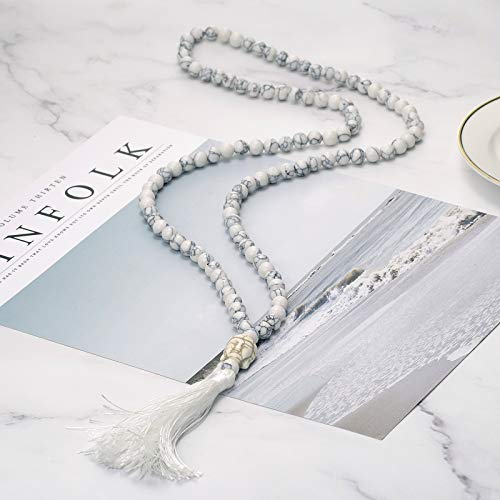 LIUANAN 108 Mala Beads 8mm Natural Bracelet Healing Gemstone Yoga Meditation Hand Knotted Mala Prayer Bead Necklace - color: White Natural Turquoise