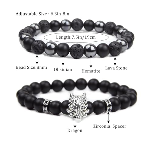 Natural Stone Bracelet 8mm Mens Black Beaded Bracelets Hematite Obsidian Onyx Lava Beads Bracelet Healing Crystal Bracelet for Men - style: Dragon