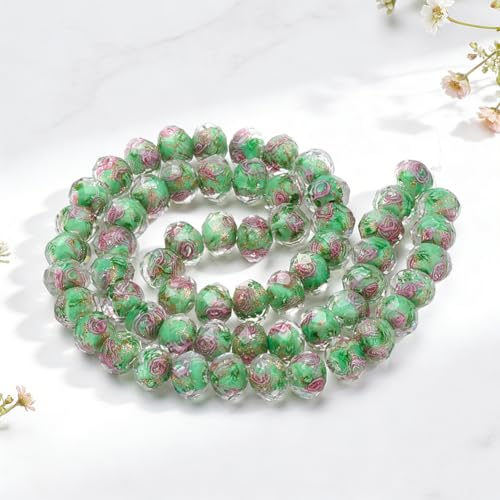 1 Box 60PCS 9-10MM Green Flower Lampwork Glass Beads Rose Rondelle Gold Sand Faceted Rondelle Floral Garden Handmade Spacer Loose Bead Bulk for Jewelry Making Necklace Bracelet DIY Craft - color: Green, size: 60pcs
