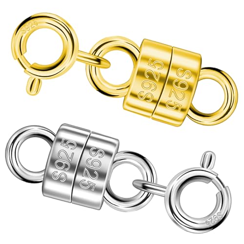 Serundo Auto 925 Sterling Silver Magnetic Necklace Clasps and Closures Min Magnetic Clasps for Necklaces Bracelets Chain Extender Connector for Jewelry Making Necklace 2Pack - color: gold+silver