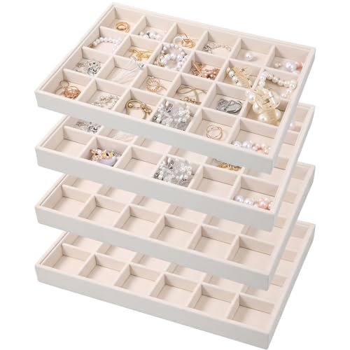 Unittype 4 Pcs Stackable 24 Grids Jewelry Organizer Tray Velvet Necklace Earring Bracelet Ring Holder Drawer Jewelry Display Storage Box for Display Selling Bangle Necklace Earring Ring Showcase Beige